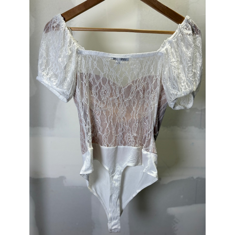 Blashe White Lace Puff Sleeve Bodysuit Pearl‎ Buttons Womens M - Picture 2 of 6